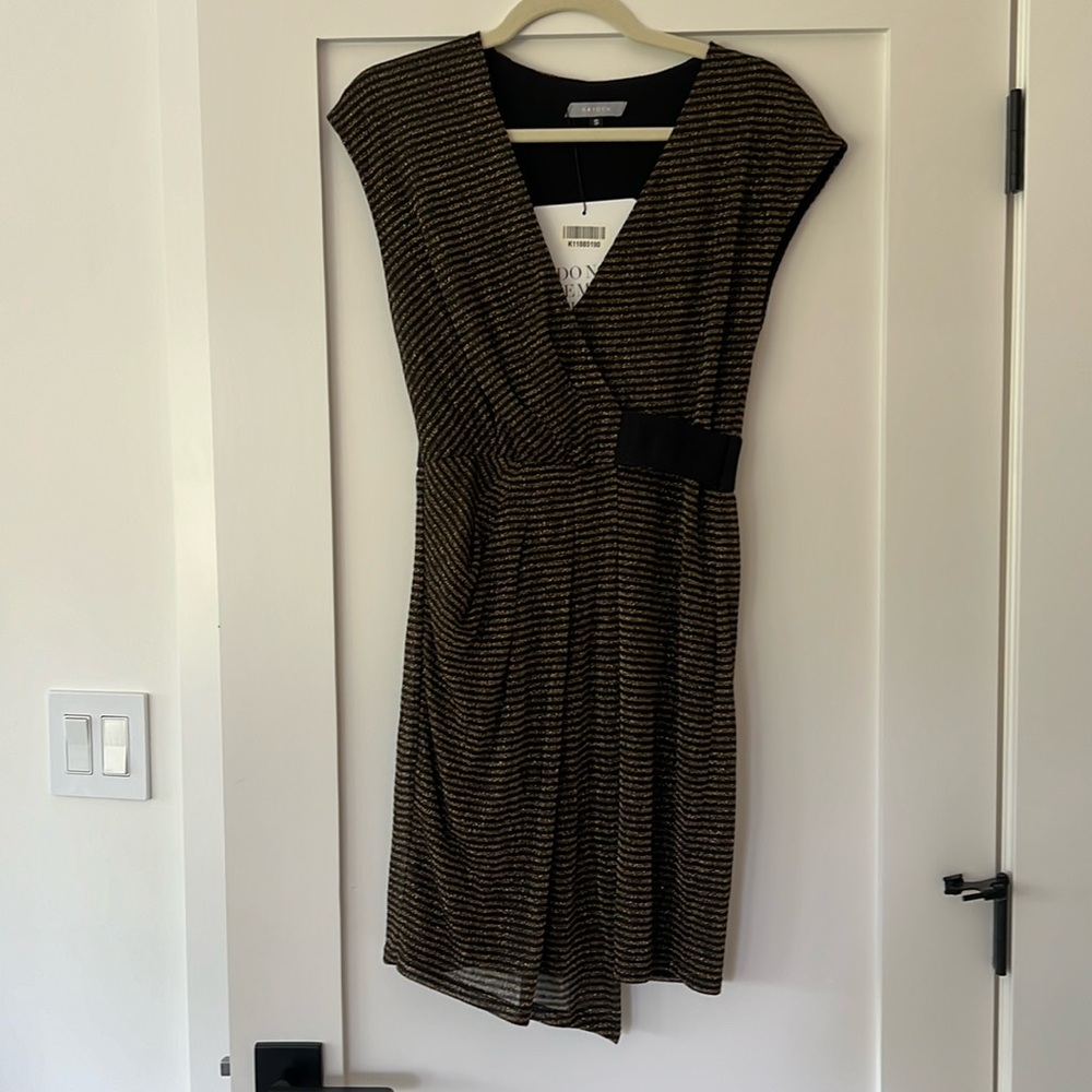 NWT Hayden Black and Gold Metallic faux wrap Short Sleeve Mini Dress